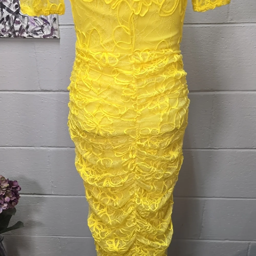Zara Bright Yellow Ruched Lace Midi Dress - Picture 8 of 12